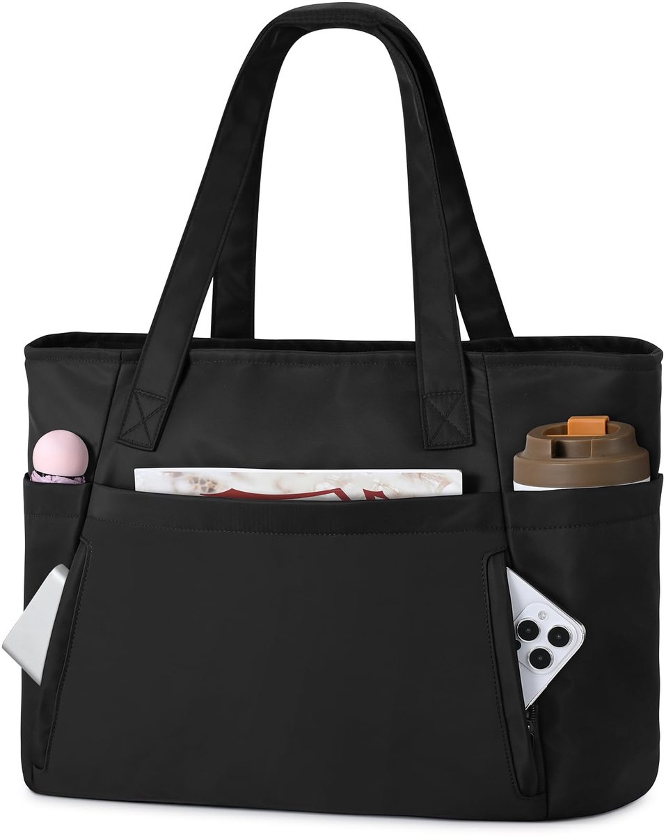 SnelShoppen - Grote Tote Bag Dames Handtas met Laptopvak 15,6 inch - Nylon Zwart - Ideaal voor Werk, Universiteit, Reizen, Gym, Strand - Essentiële Sc