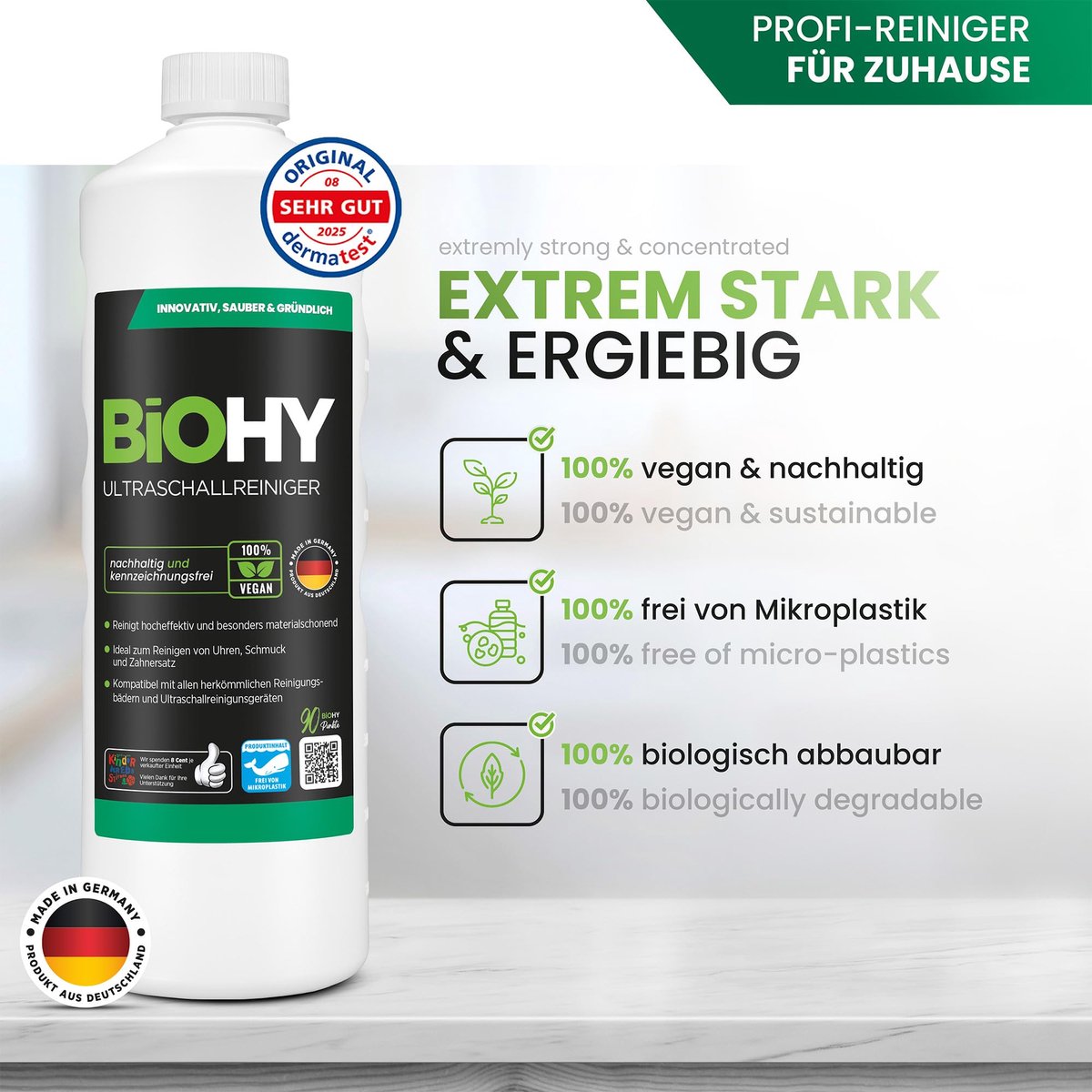 SnelShoppen - BiOHY Ultrasone Reiniger 1 Liter - Intensieve en Milde Reiniging voor Glazen, Goud, Munten en Sieraden - Concentrate voor Ultrasoonbad