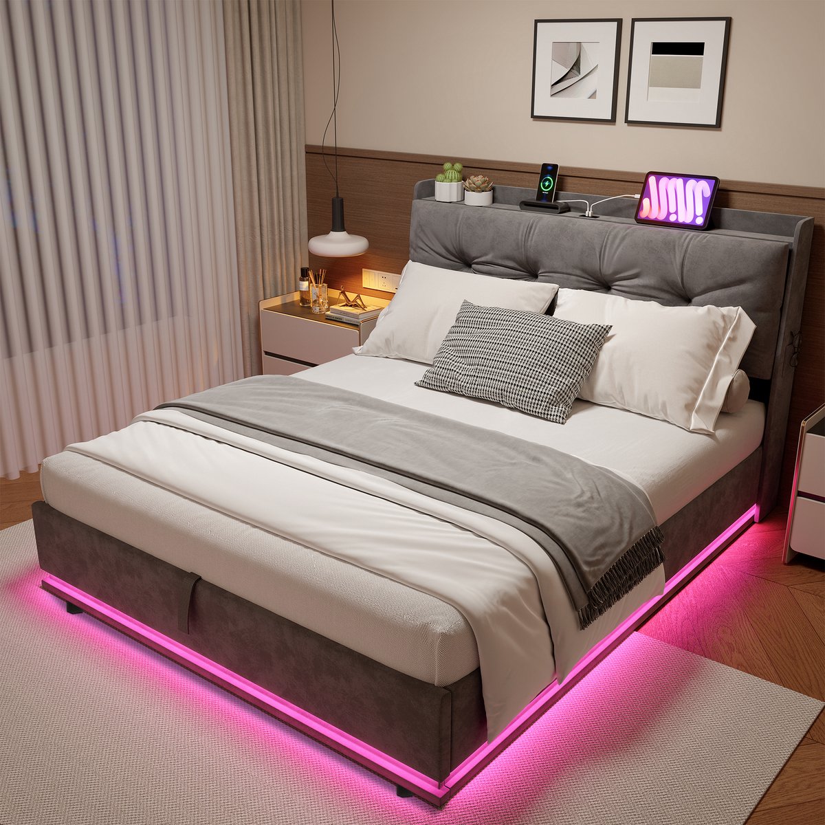 Opbergbed 160x200 cm grijs velours met hydraulische opbergruimte, RGB LED, USB-C laadstation en luxe hoofdbord