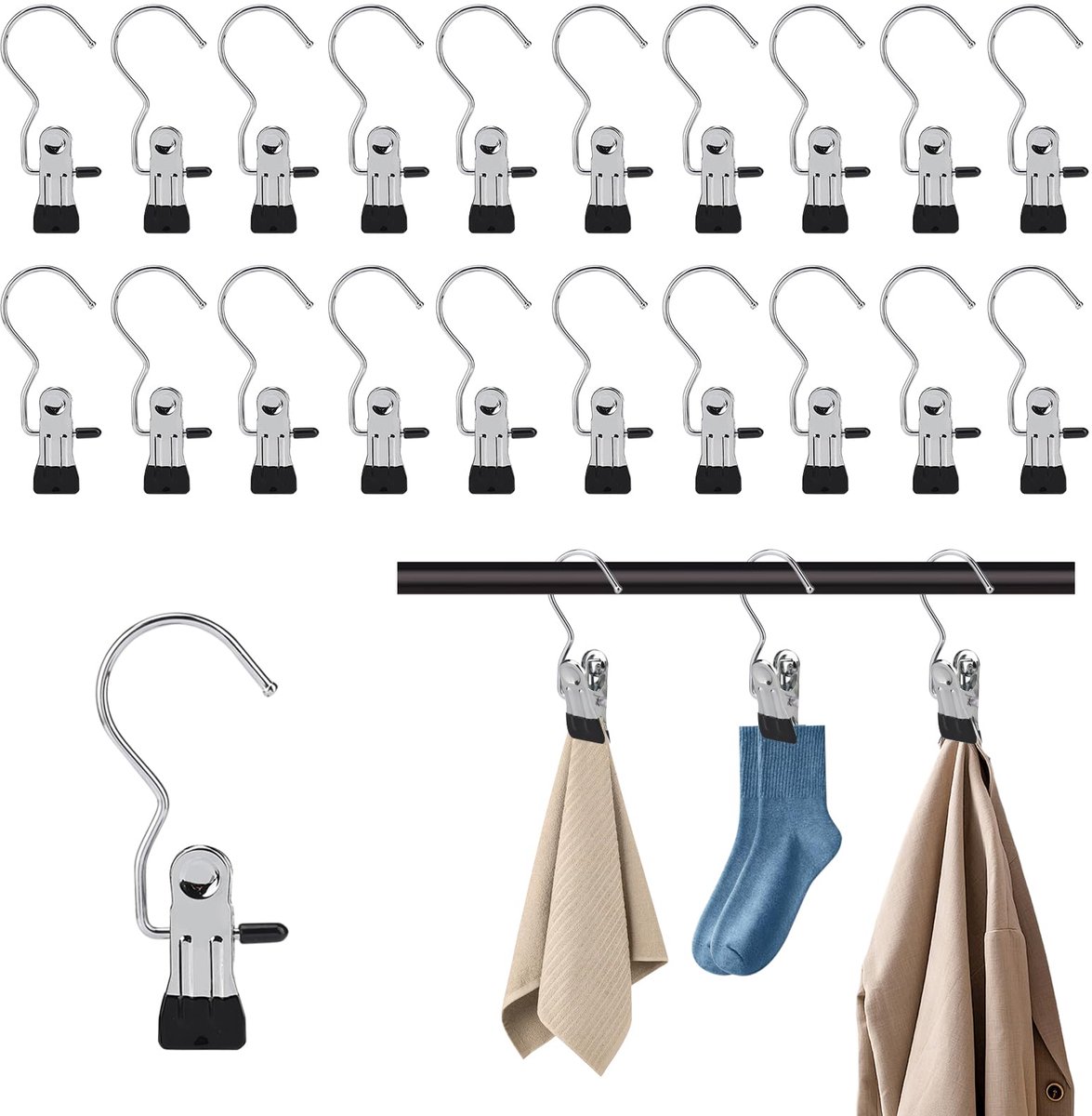 Dailygoods - 20 Kledingknijpers met Clip - Veelzijdige Metalen Clips met Rotatie