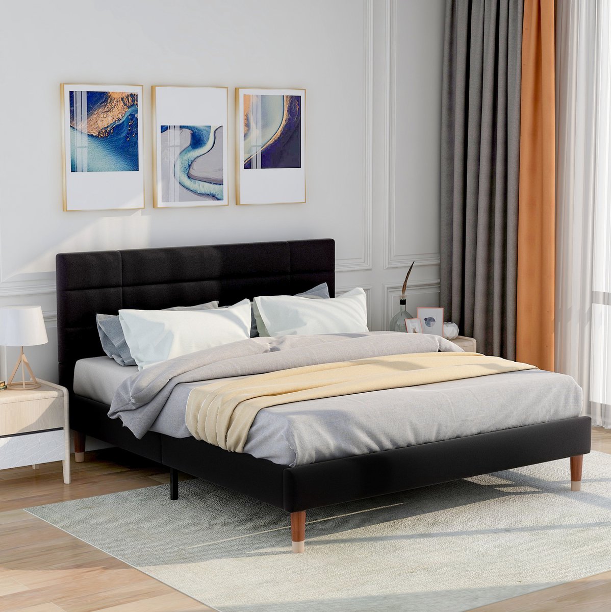 MODFU - Dubbel Bedframe Met Lattenbodem - Gestoffeerd - Zwart - 140x200 Cm