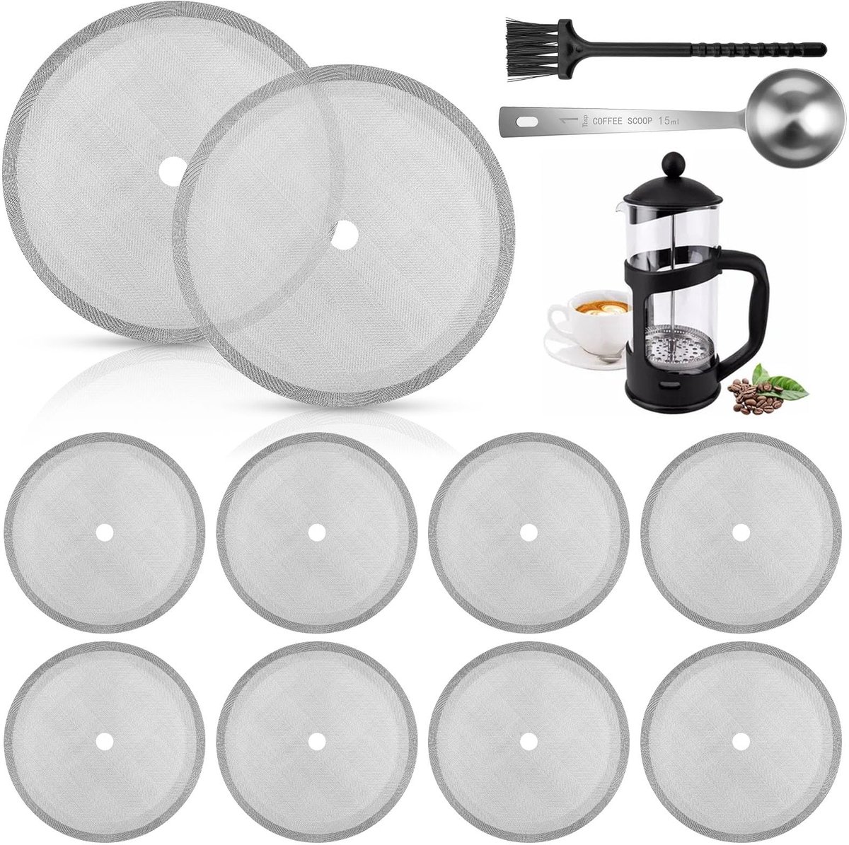 Dailygoods - 10 Stuks French Press Zeef voor Koffiepers - Inclusief Maatlepel en Borstel