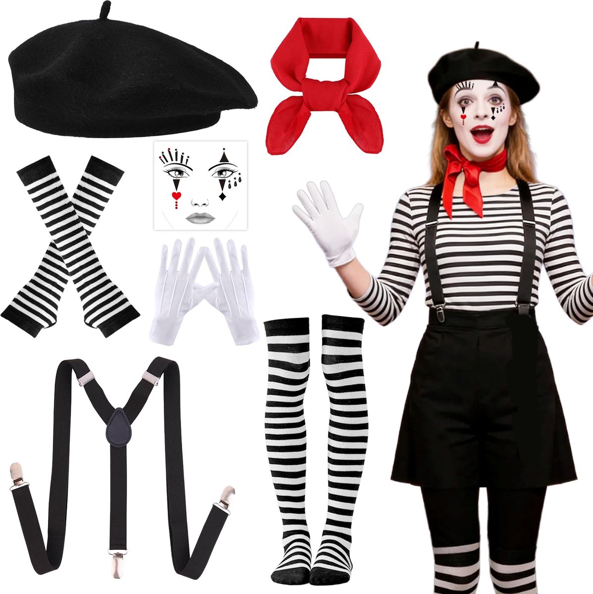 Dailygoods - 7 Stuks Mime Fancy Dress Kostuum - Uniseks