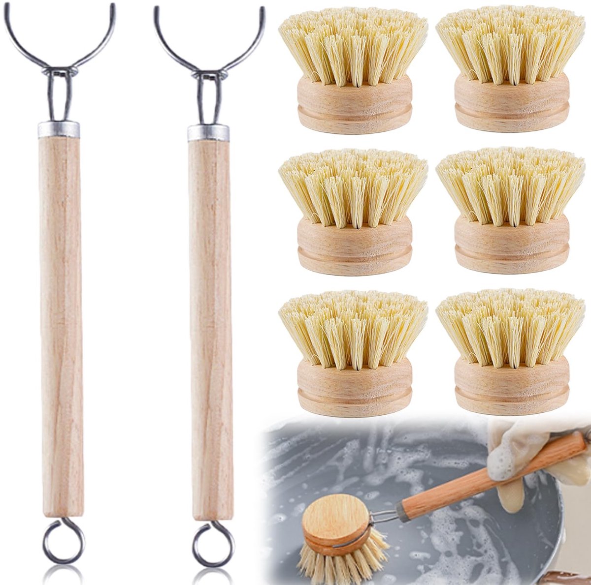 Dailygoods - Houten Afwasborstel met Verwisselbare Borstels - Set met 3 Opzetstukken