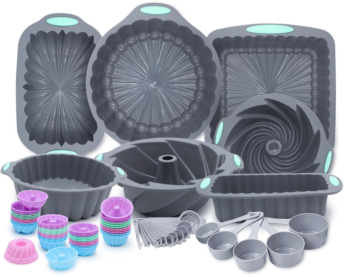 Dailygoods - 72-Delige Siliconen Bakvormen Set - Inclusief Maatbekers en Lepels - Grijs