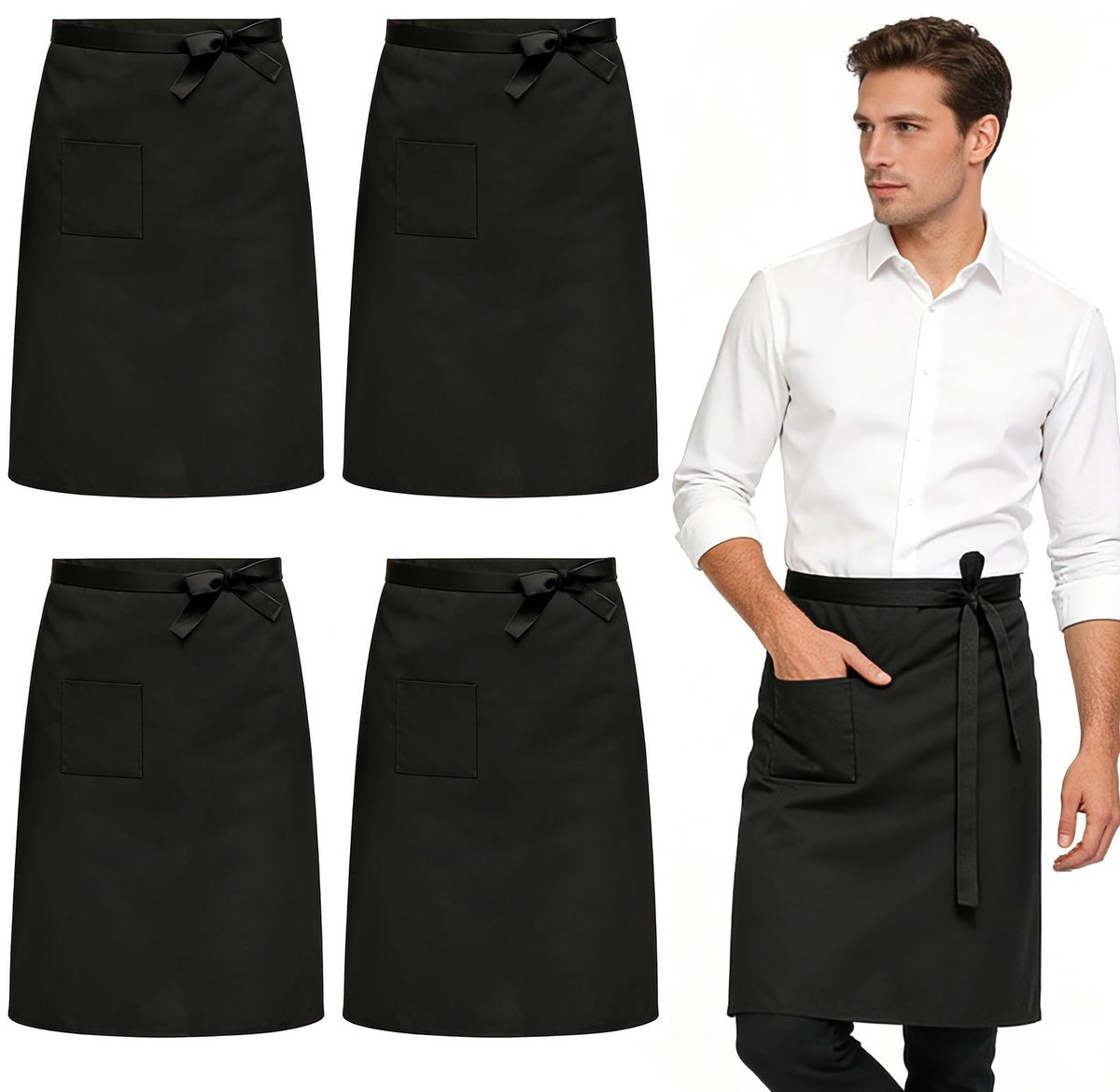 Dailygoods - 4 Stuks Zwart Kookschort - Voorbindschort voor Koken en Barbecue