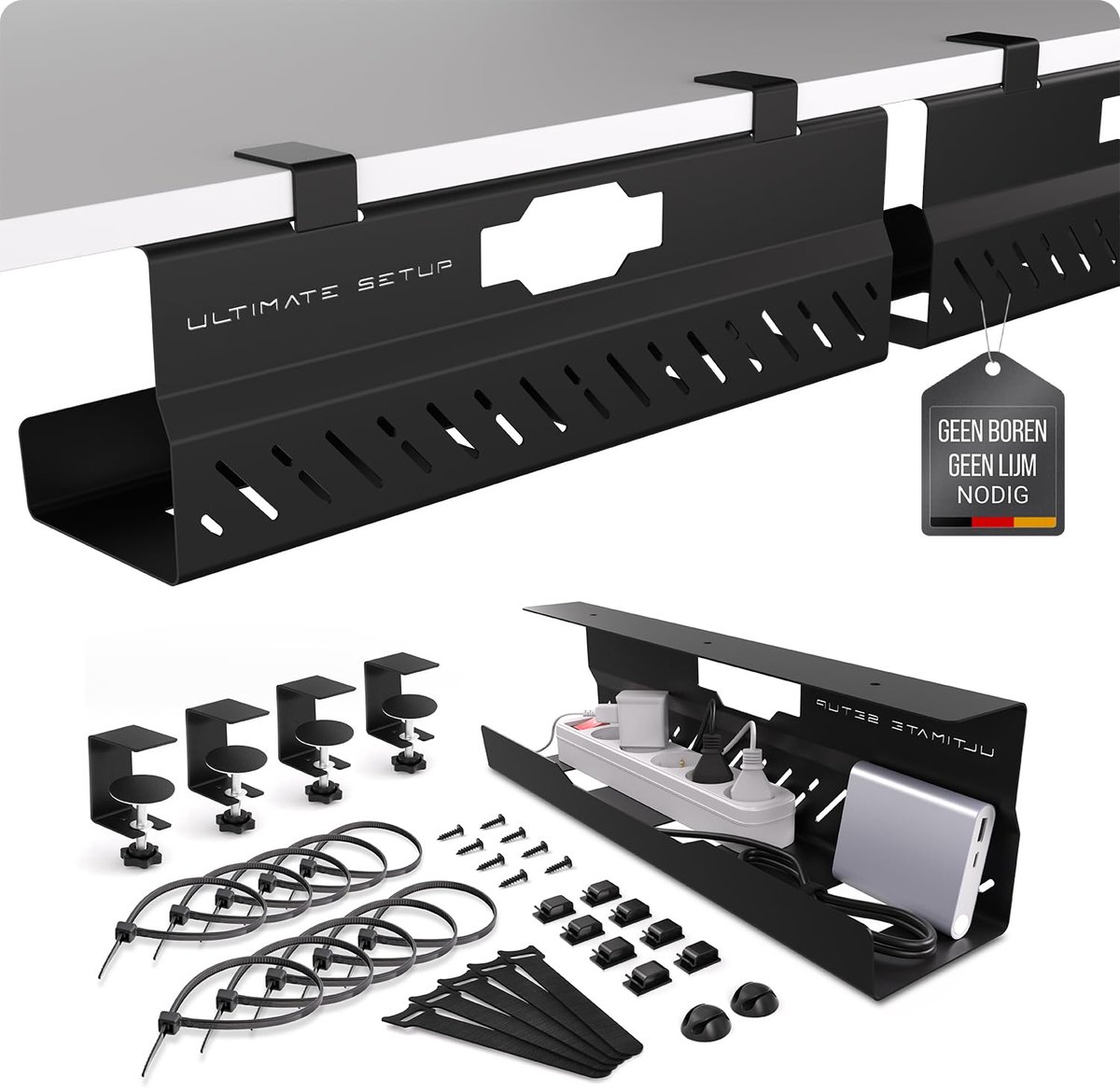 SnelShoppen - Kabelbeheerlade voor onder bureau - Snoerorganizer zonder boren - Enorme draagkracht - Kabelgoot zwart, set van 2 stuks voor kantoor en
