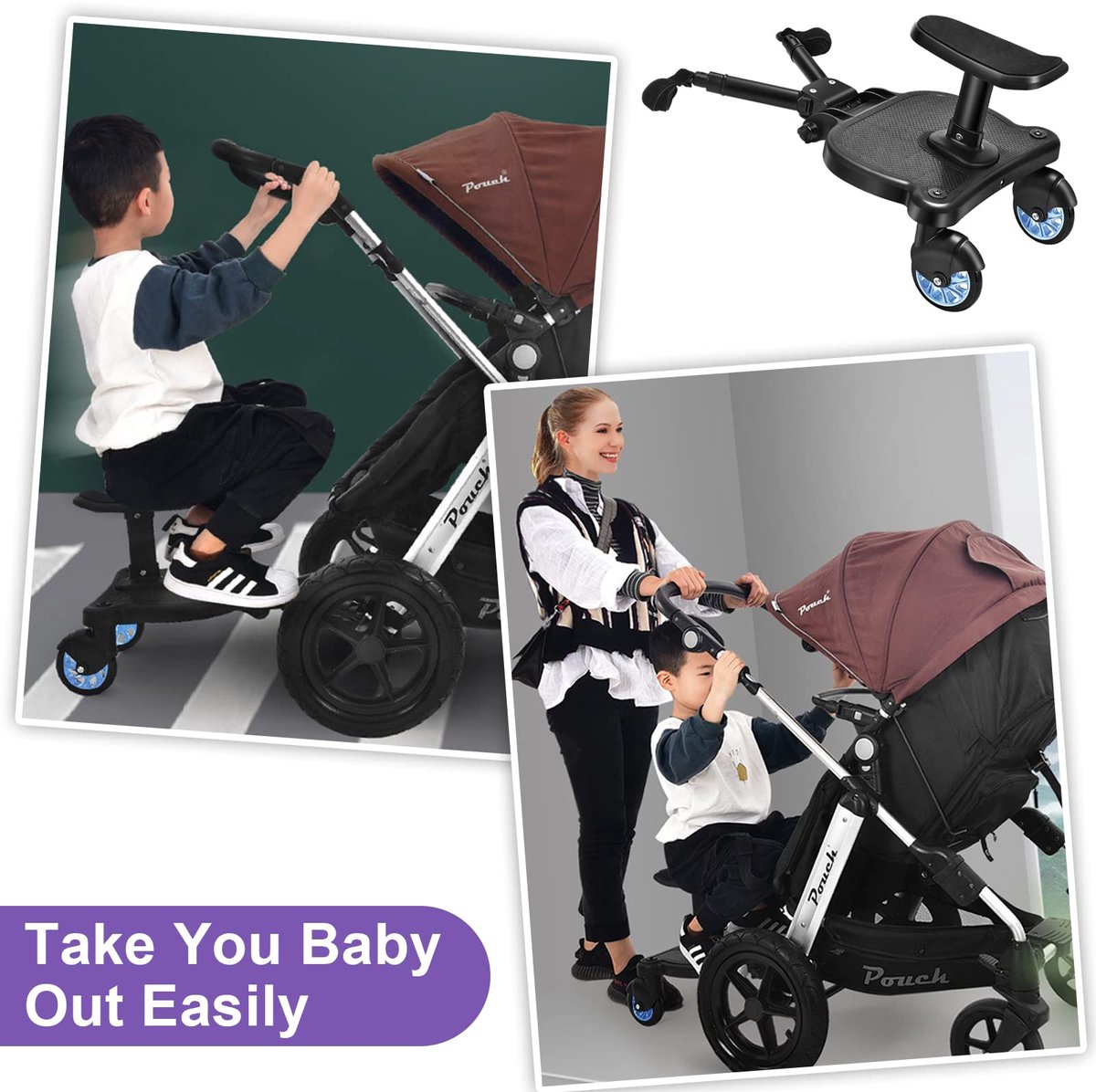 SnelShoppen - Buggy-board voor Kinderwagens, Vihir Kiddy Board met Zitje, Universele Meerijplank voor Kinderen van 2-6 Jaar, Maximaal 25 kg, Ideaal vo