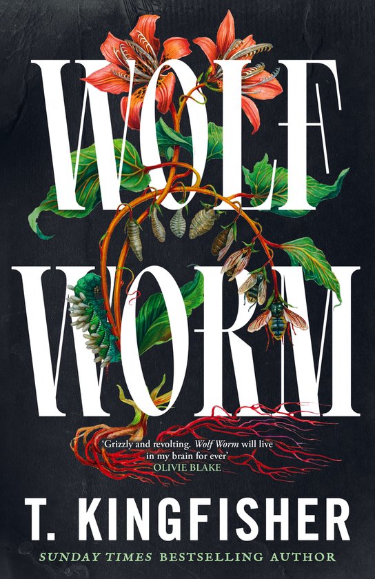Boekcover met de titel "WOLF WORM". Een gedetailleerde tekening van een plant met bladeren, bloemen, insecten en een hagedis, tegen een zwarte achtergrond.