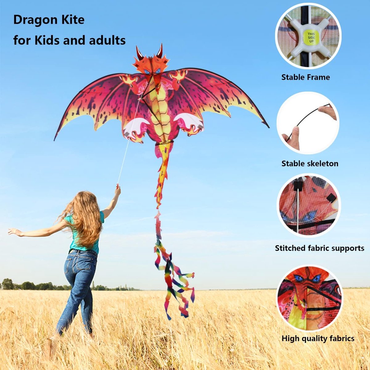 SnelShoppen - Vlieger voor Kinderen en Volwassenen, Easy Flyer Vliegers met 50 Meter Flying Line, Perfect voor Strand, Zomer en Buitenactiviteiten, Kl