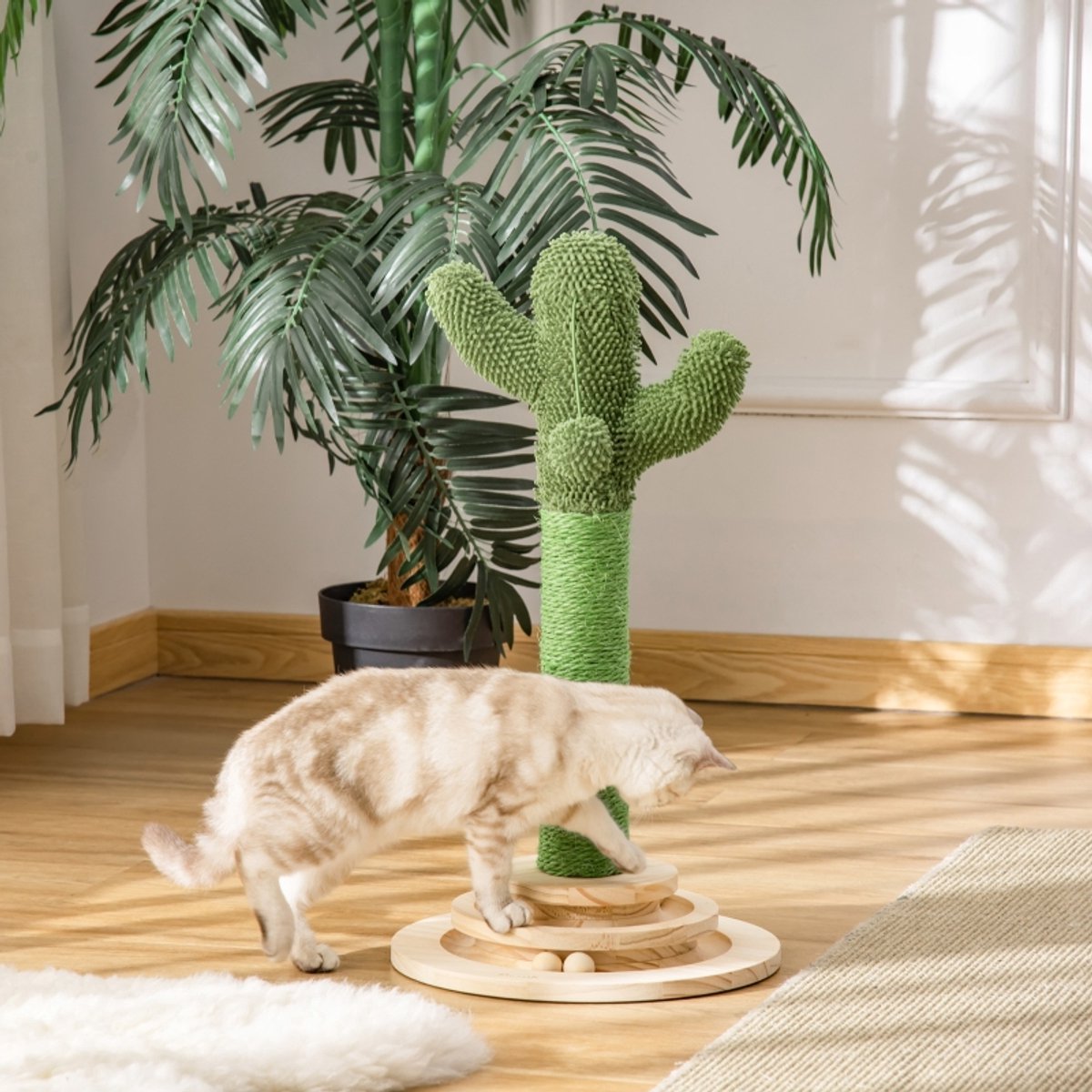 MIVRAY Katten Krabpaal Cactusvorm 60 Cm Sisal Hout Groen Met Pluche En Speelbal Voor Krabben En Spelen