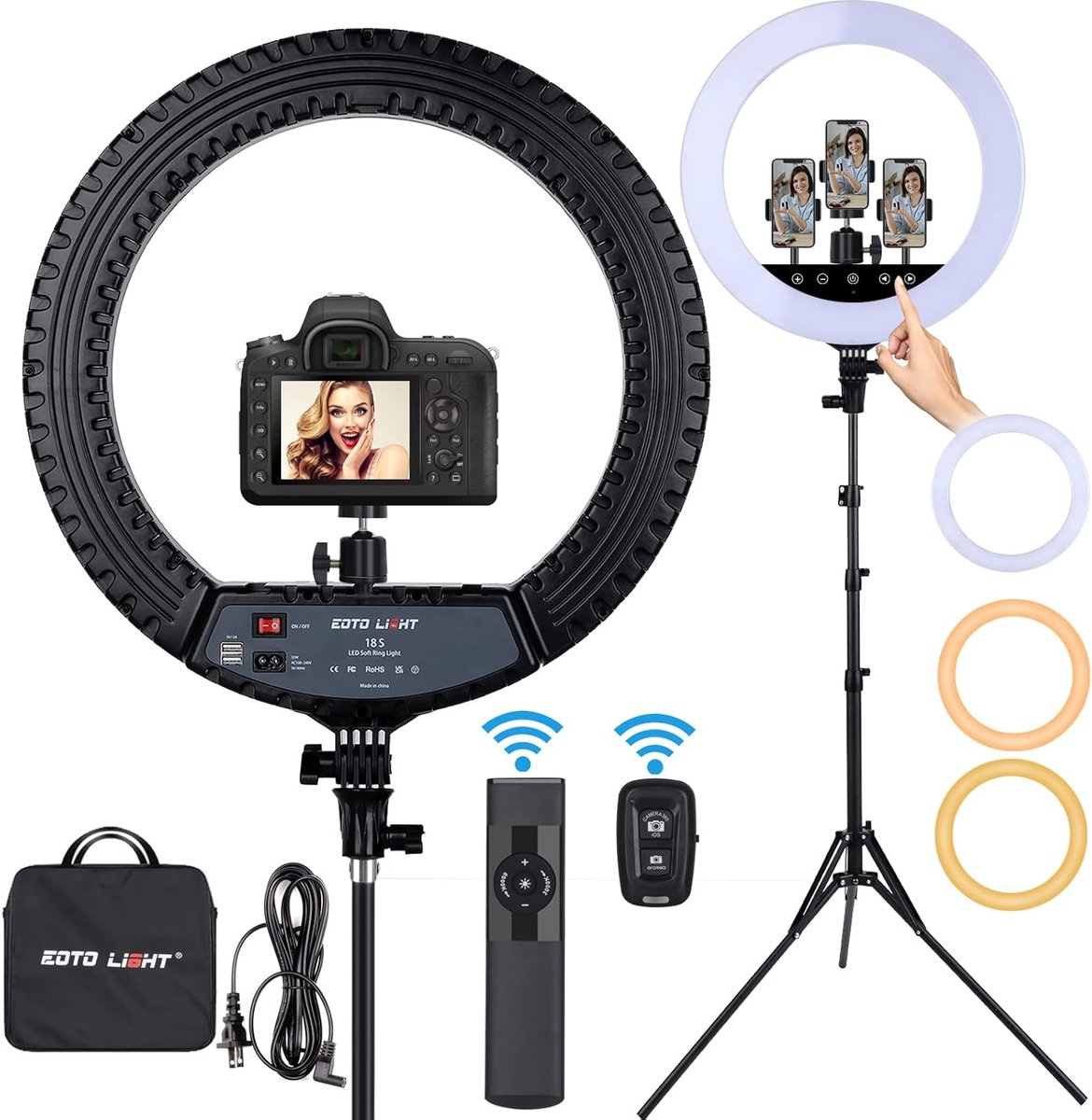 SnelShoppen - Verbeterde LED-lichtring 45,7 cm met statief, touchscreen, afstandsbediening, CRI> 90 voor make-up, studio, portret, YouTube en videovlo