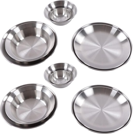 Roestvrijstalen Campingborden en Kommen Set - Draagbaar Servies Kookgerei - Outdoor Opbergtas - 12-delige Kampeer Schotel Set - Backpacken, Kamperen, Wandelen - Strand Servies - RVS Borden - 3,5 tot 9,1 Inch - Buiten Gebruik - Compacte Opbergzak — afbeelding 4