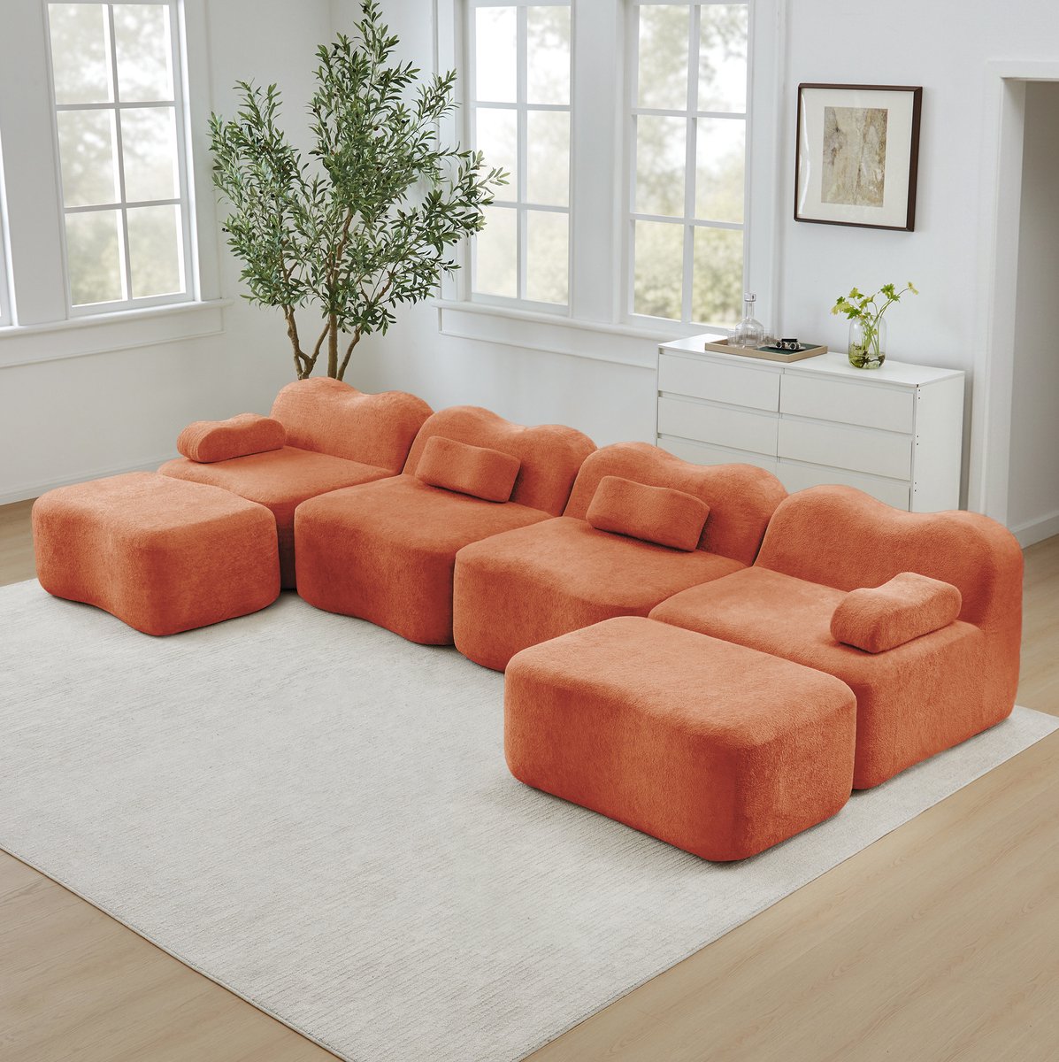 COVREO U-bank 4-zits 384 x 167 x 70 cm - oranje velvet, 2 ottomans, modulair