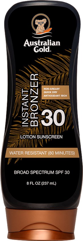 Zwarte fles Australian Gold Instant Bronzer met SPF 30. Tekst: 'Non-Greasy Quick Dry Antioxidant Rich 30 Lotion Sunscreen Water Resistant (80 Minutes) Broad Spectrum SPF 30 8 FL OZ (237 mL)'.