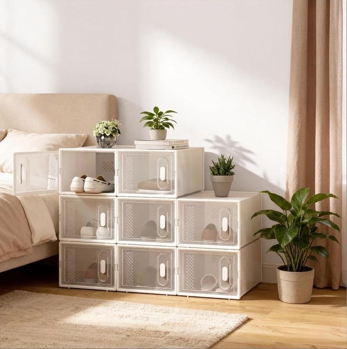 REDOM - Schoenopbergbox set van 8 - Stapelbaar modulair ontwerp met transparante voorklep - Kunststof - Transparant en wit - 25 x 18,5 x 35,5 cm