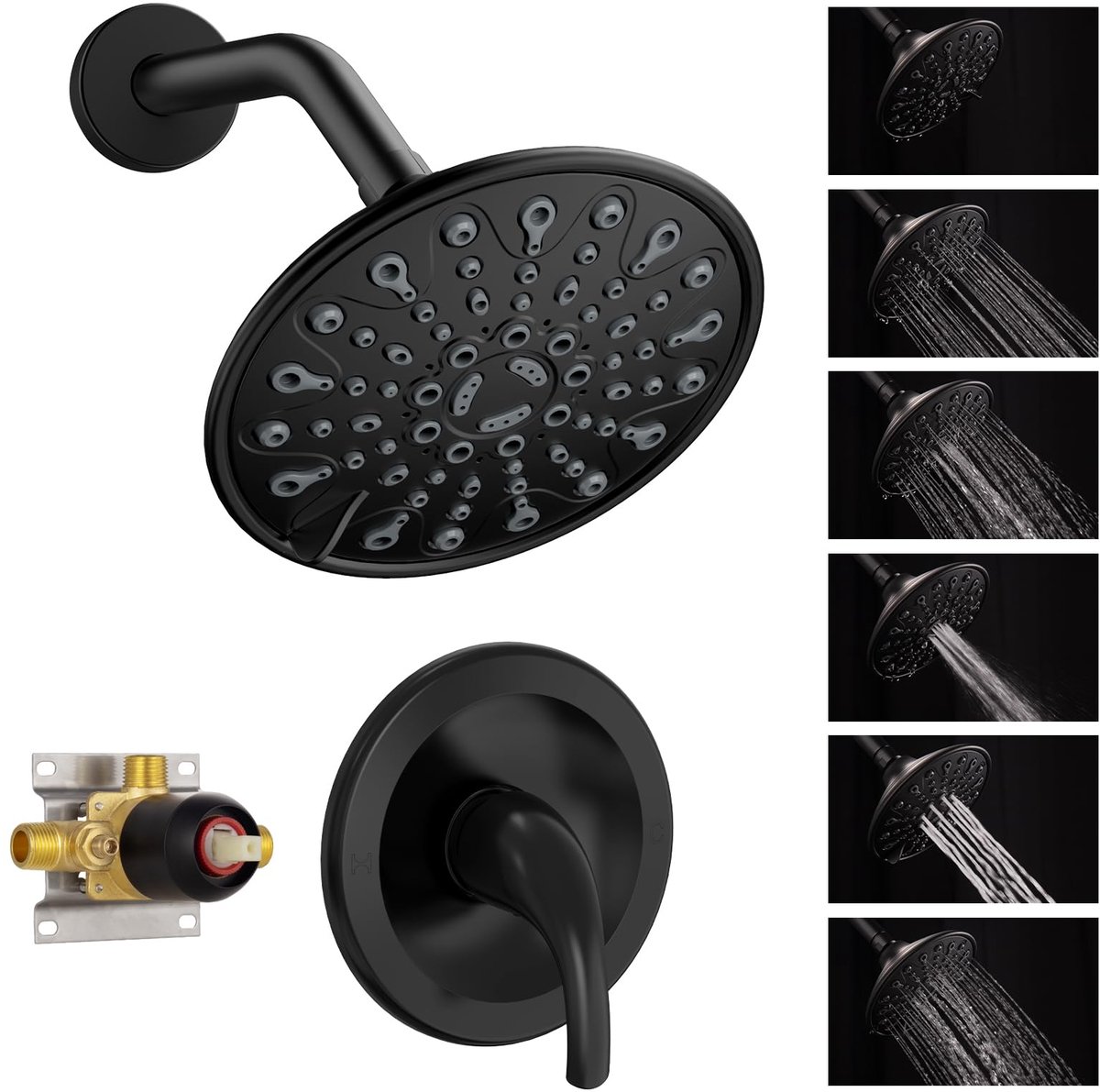 SnelShoppen - Douchekraan Set Compleet met Ventiel, 6 Sproei-Touch-Clean Douchekop, Enkele Functie Douchekit, Mat Zwart, Hoogwaardige Douche Trim Set