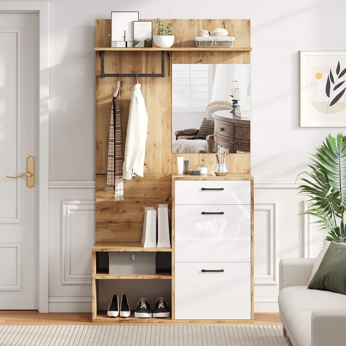 Kledingkastset van 100*38 - 5*190 cm met spiegel - schoenenbank - schoenenkast - halkast - wandplank - compacte kledingkast met 1 lade en 2 kastjes - ruime opbergruimte - wit + originele houtkleur
