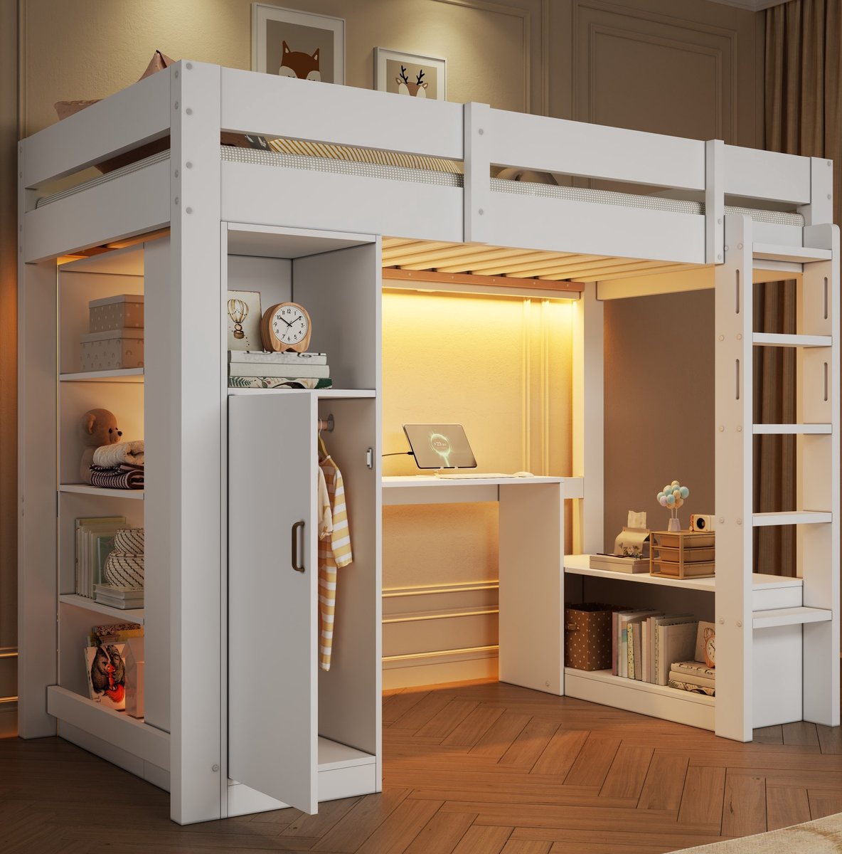REDOM - Hoogslaper met bureau en kast - Met opbergrekken en LED-verlichting - Met USB-aansluiting - Hout en MDF - Wit - 205 x 105 x 175 cm