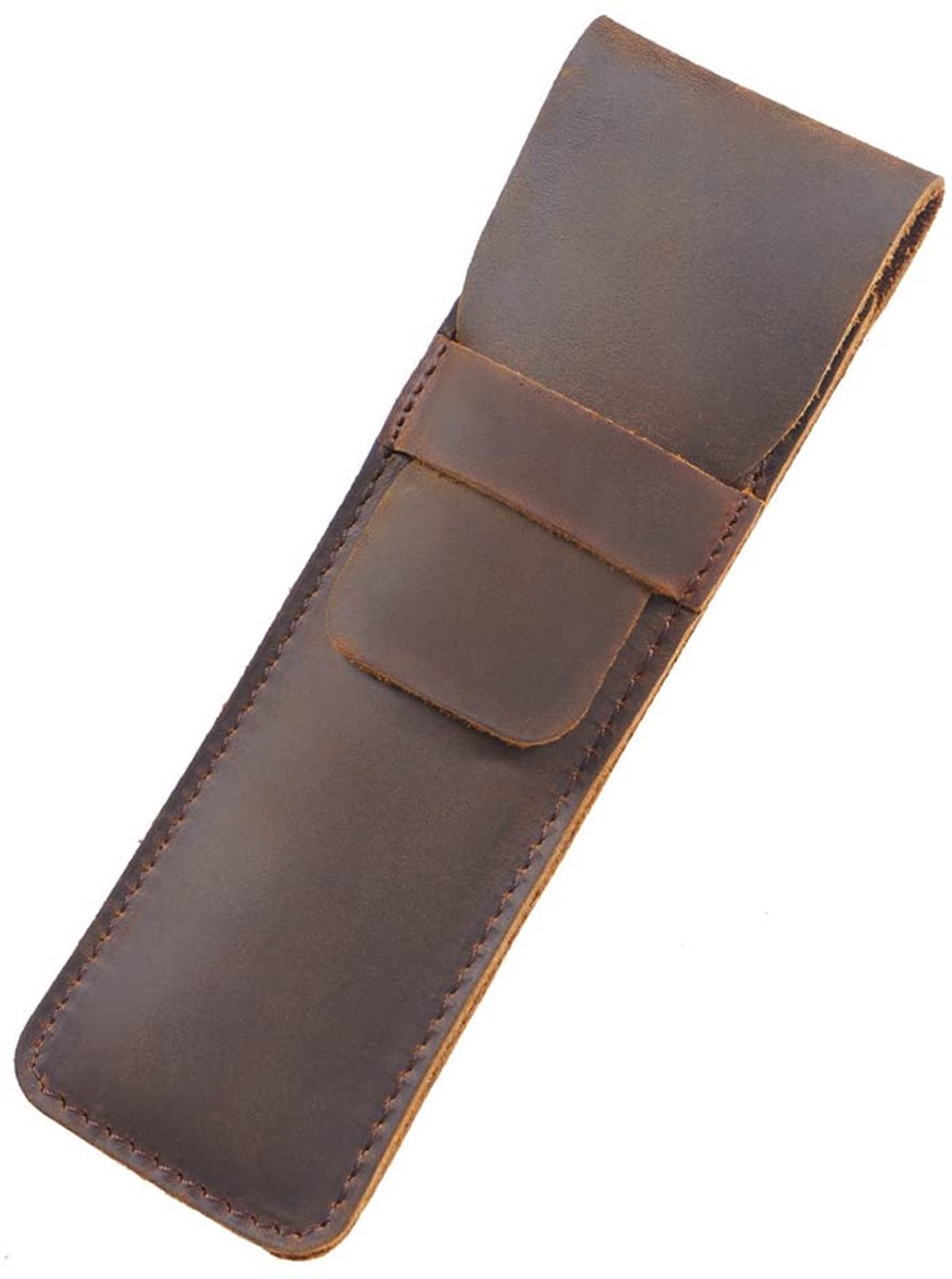 Dailygoods - Leren Pen en Potlood Etui met Plissé Flap - Bruin