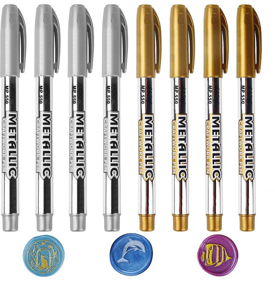 Dailygoods- Wax Kit 8 Stuks - Metallic Markers - Gouden/Zilveren Kleurpennen - Decoratieve Stempel - DIY Afdichtingswas - Totale Lengte 14cm - Markeerstiften