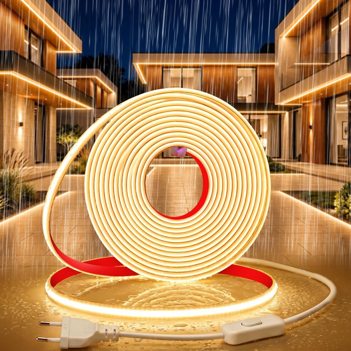 SnelShoppen - 5M Waterdichte COB LED-Strip 230V Warm Wit 3000K voor Buiten, Tuin, Feest, Camping, Keuken, Flexibel en Energiebesparend