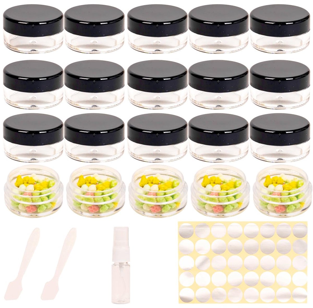 Dailygoods- Cosmetische Potten 20 Stuks - 10 ml Monster Containers - Reizen Potten met Deksels - Crèmeblikjes - Hoogwaardig Milieuvriendelijk Materiaal - Inclusief Stickers en Spatels - Crèmepot