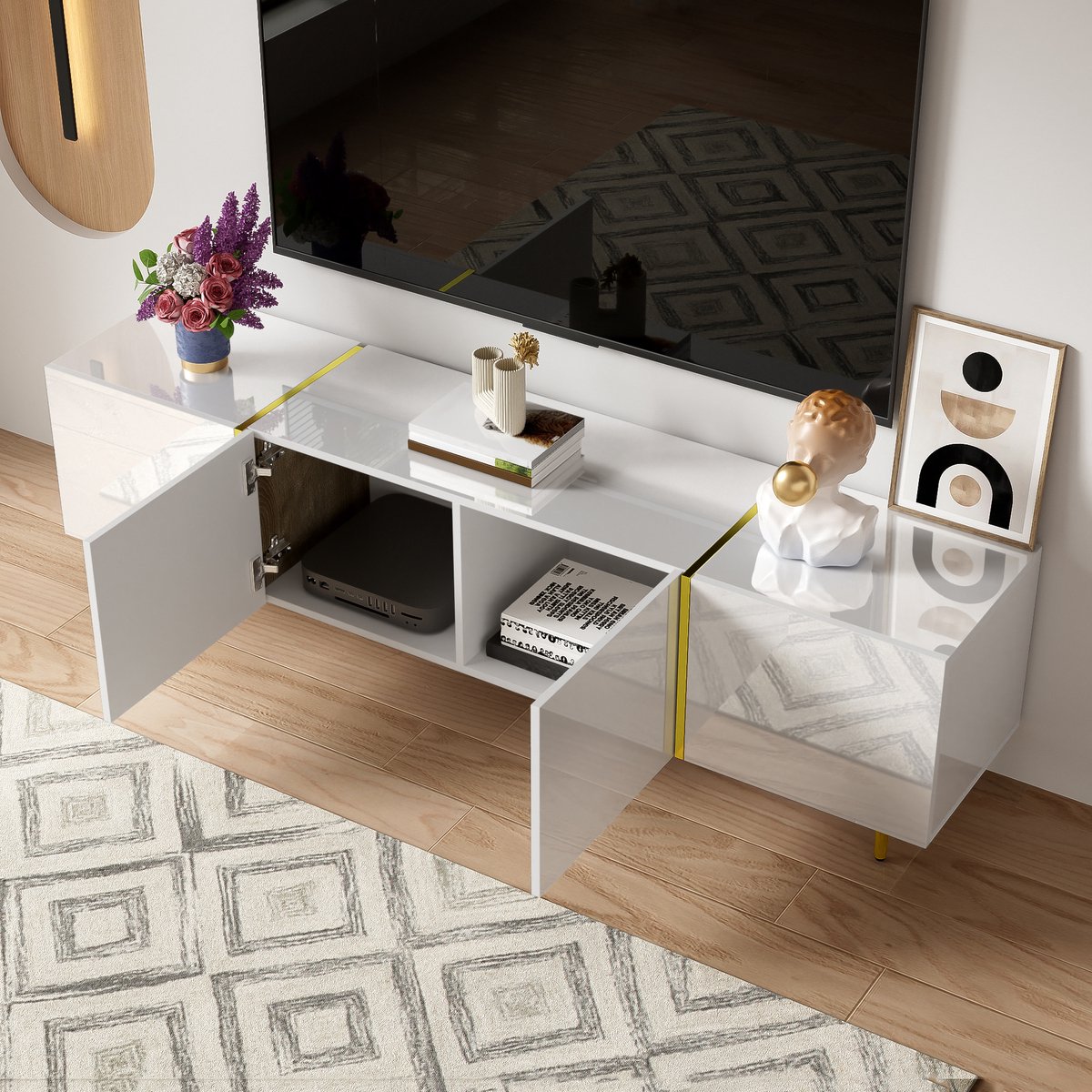 Highgloss tv meubel - vier deuren - modern en eenvoudig - wit en goud