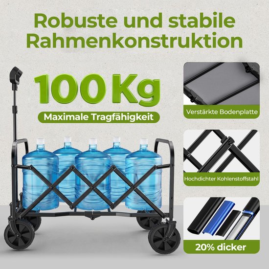 FloraGrace Tuinkar - Opvouwbaar 100 Liter 100 kg - 74 x 46 x 96,5 cm - Staal en 600D Oxford - Zwart - Voor Boodschappen En Camping — afbeelding 3