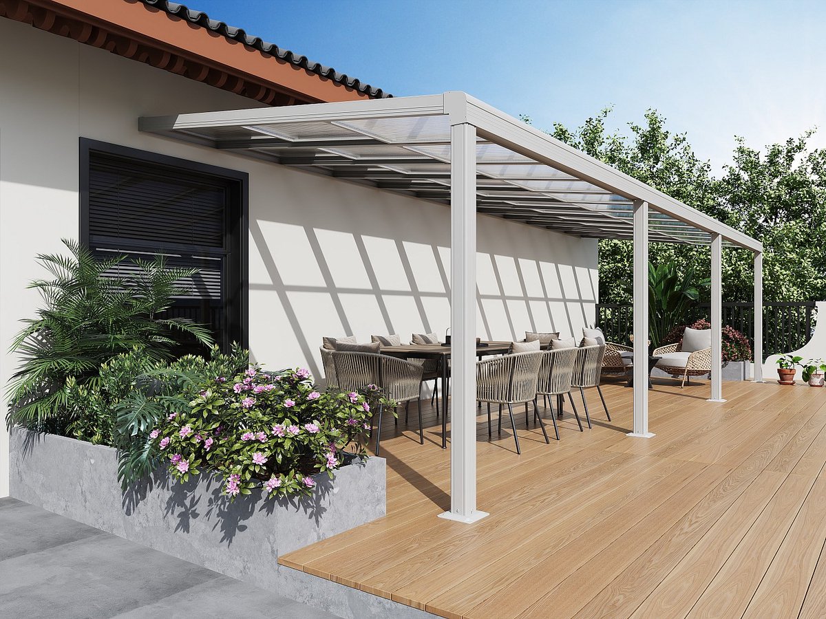 Vente-unique Aanleunende pergola in aluminium met schuifdak - 27 m² - Wit IZEDA