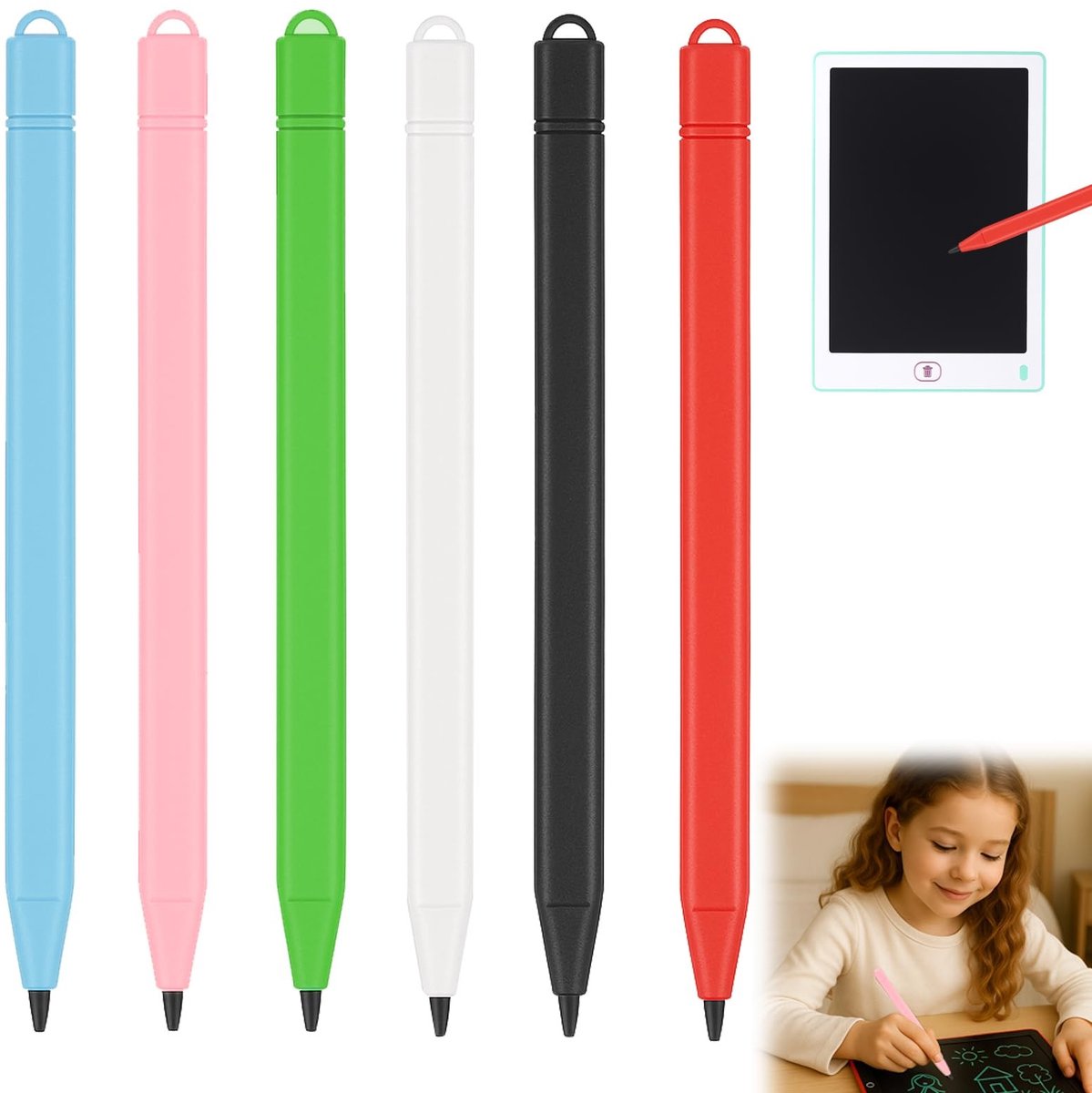 Dailygoods- Tabletpen 6 Stuks - Geschikt voor LCD-Schrijftablet - Natuurlijke Schrijfervaring - Verkrijgbaar in Zwart/Blauw/Roze/Wit/Groen/Rood - Nauwkeurige Lijncontrole - Stylus