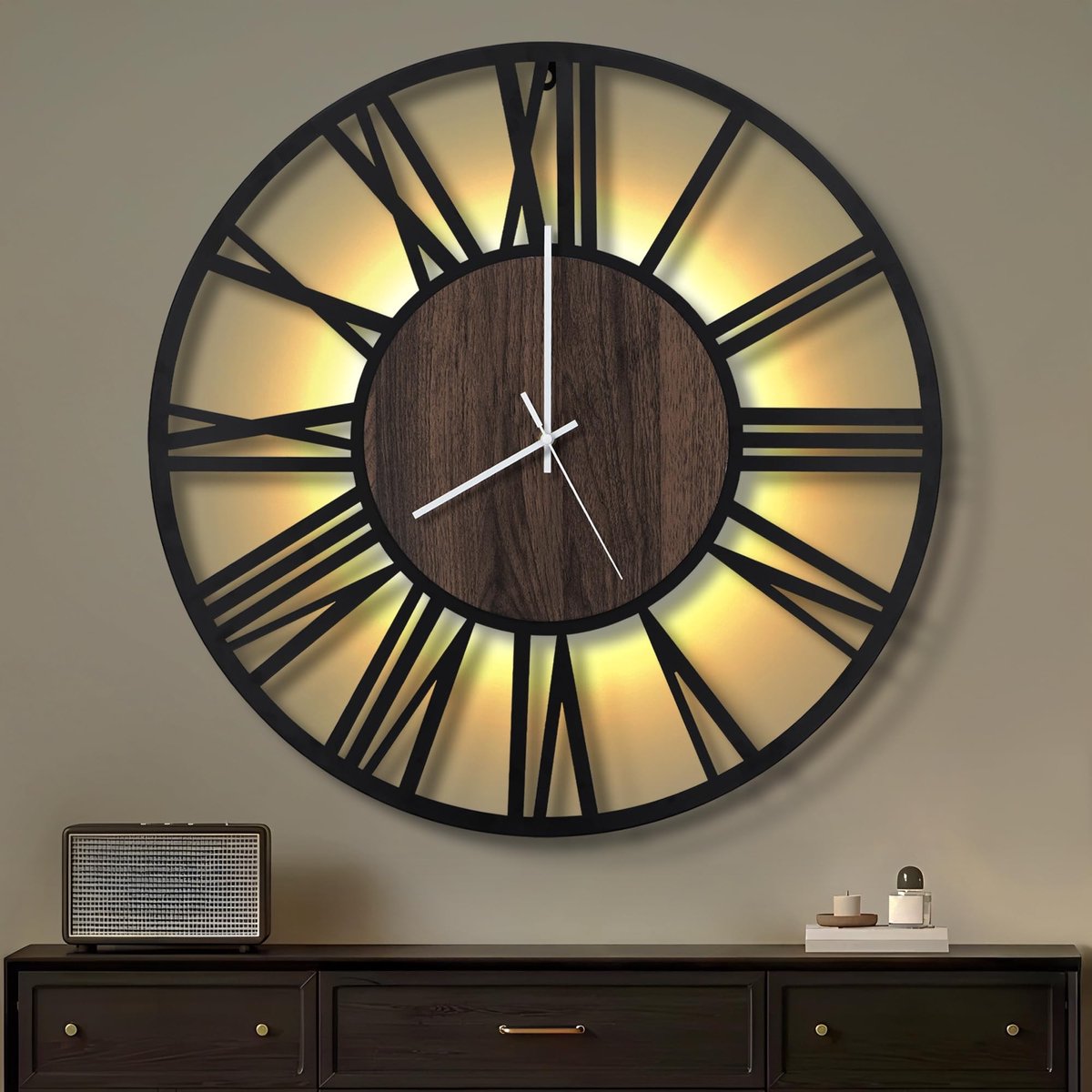Dailygoods- Wandklok 60 cm - Industrieel Design - Moderne LED - Hout/Metaal - Stil zonder Tikkend Geluid - Duidelijke Leesbaarheid - Muurklok