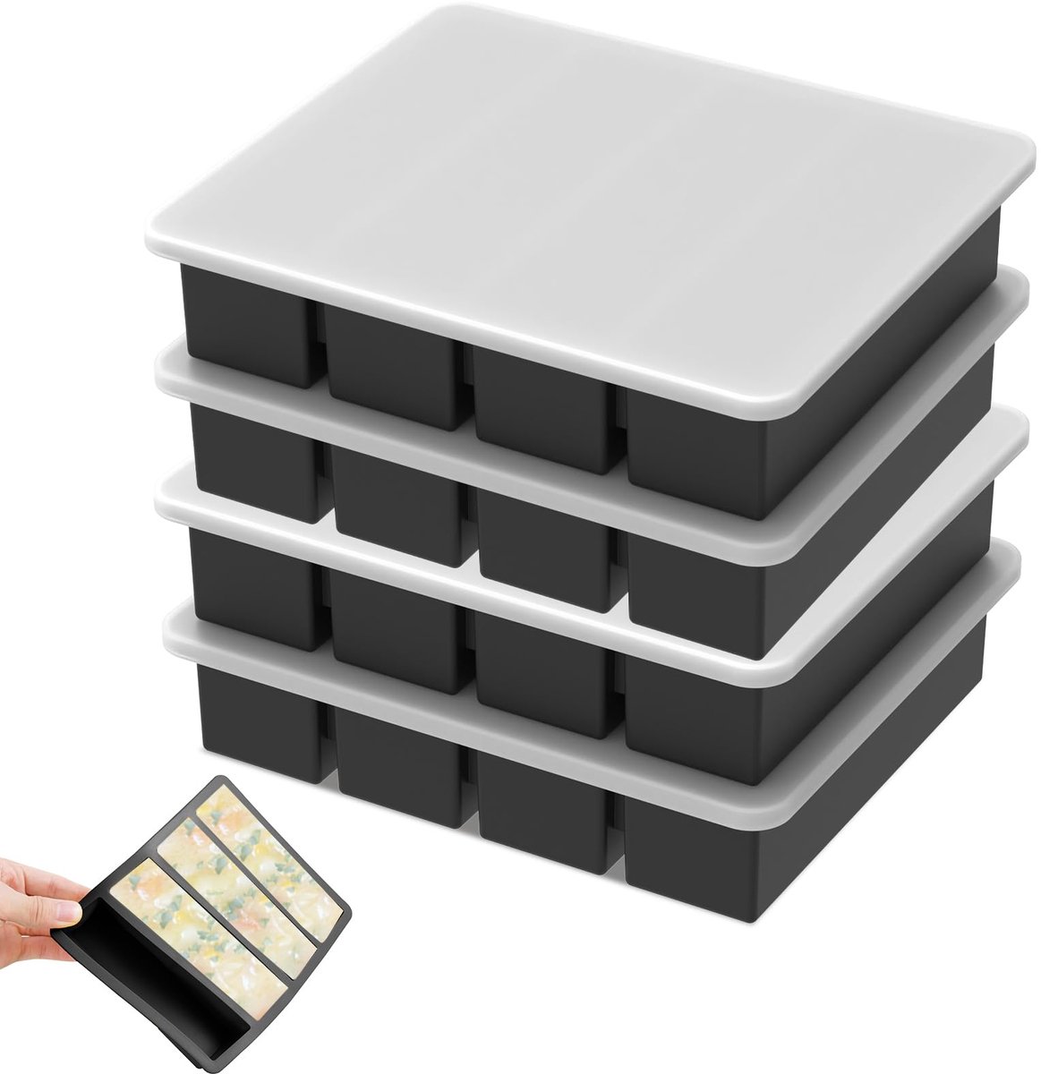 Dailygoods - Siliconen Vriesvormen voor Soep - 4 Stuks met Deksel, Zwart
