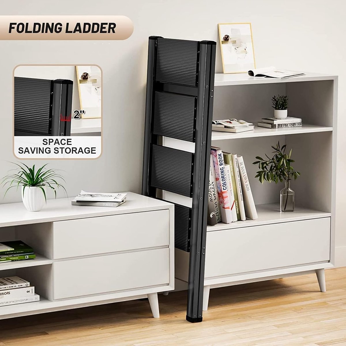 SnelShoppen - Teenza Traladder 4 Treden, Opvouwbare IJzeren Ladder, Draagvermogen 150kg, Lichtgewicht, Voor Keuken, Woonkamer, Badkamer, Caravan, en M