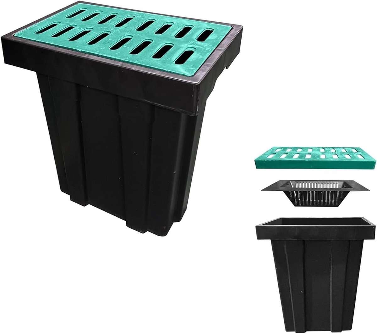 Opvangbak met rooster - Afvoerput Drainagebak - Waterafvoer tuin - Uitneembare vuilkorf - Set van 3 stuks - Zwart groen