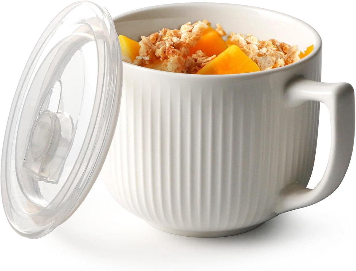 Soepkom met Handgrepen - Magnetronbestendige Kom met Deksel - 900ml voor Noedels en Pap - Wit