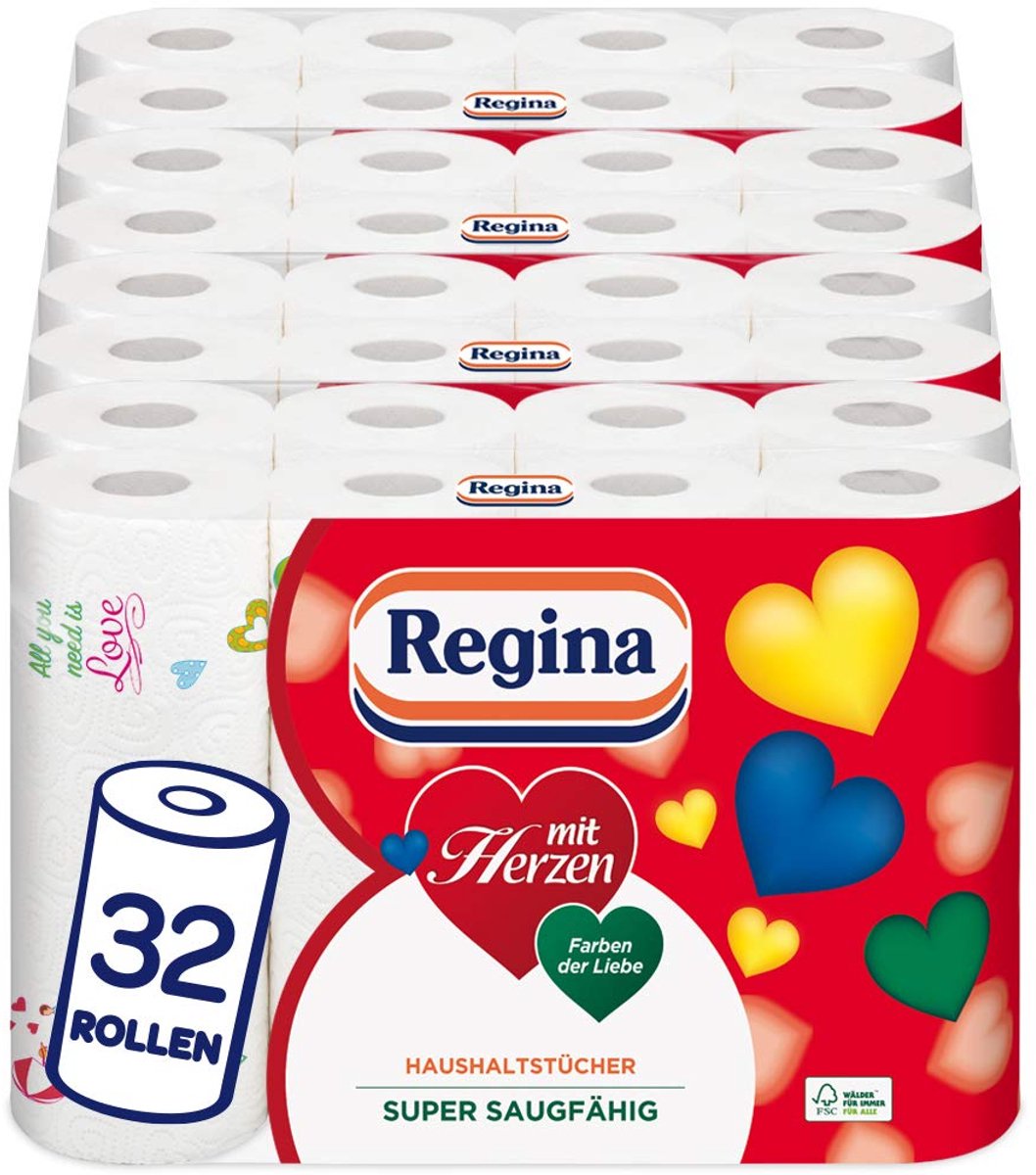 SnelShoppen - Huishouddoekjes 3-laags, Super Absorberend, FSC-papier, 32 Rollen, 43 Vellen, Dikke en Duurzame Keuken- en Schoonmaakdoekjes met Hartjes