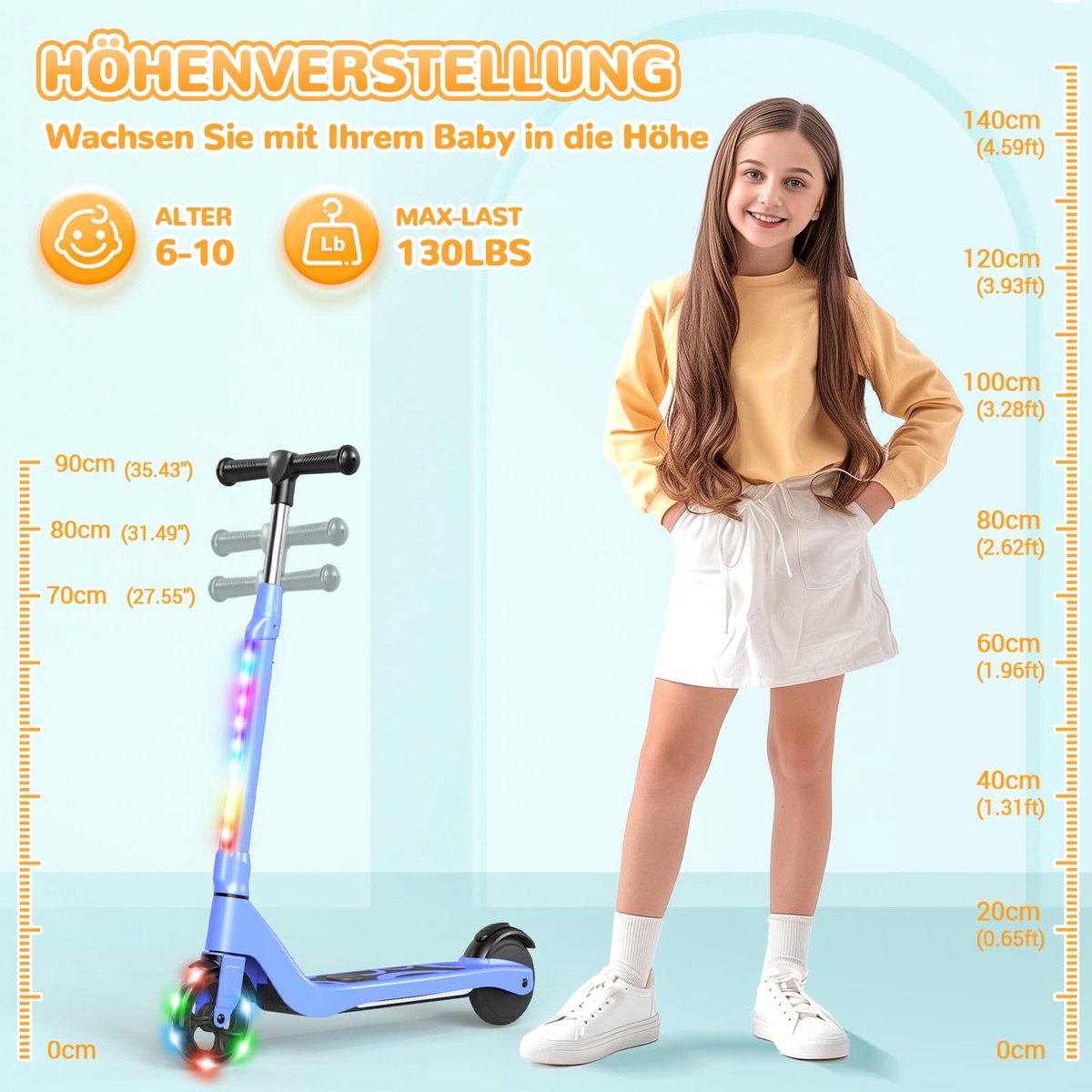 SnelShoppen - E-step voor kinderen 6-10 jaar, elektrische step met knipperende LED-lampen, 3 hoogtes, 45W motor, max 10 km/u, tot 70 kg, veilig en leu