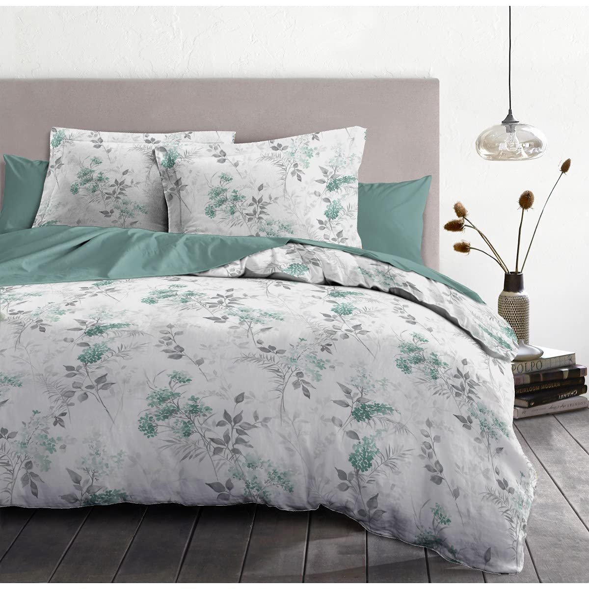 SnelShoppen - Dekbedovertrek 3-delig 220x240 cm voor 2 personen - 100% Katoen, 57 Draden, Pompadour Wit/Grijs/Groen, Ideaal voor Slaapkamer, Luxe en C