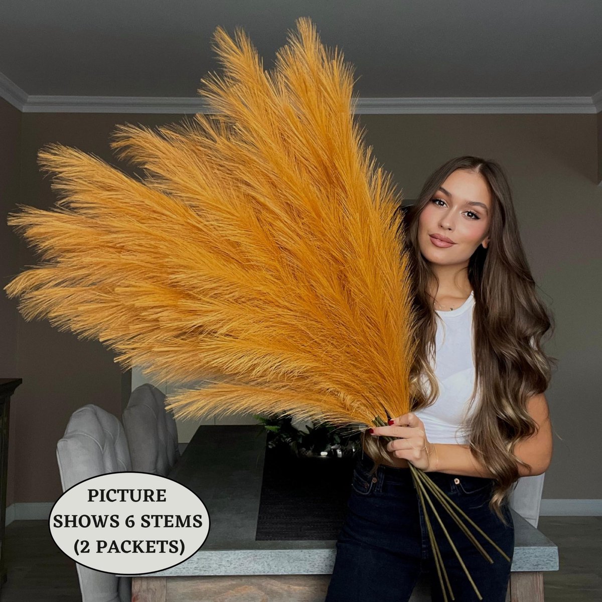 SnelShoppen - Extra Grote Lange Oranje Nep Faux Pampas Gras Pluizige Stengels 115cm x18 - Decoratieve Kunstmatige Flora voor Vazen, Interieur en Feest