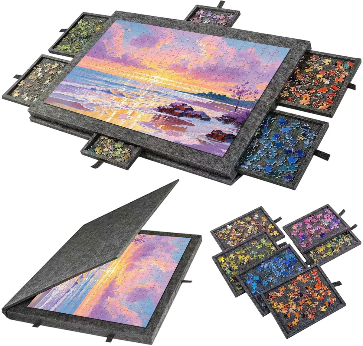 SnelShoppen - Kantelbaar Puzzelbord met Standaard voor 1000 Stukjes, Verstelbaar met 6 Sorteervakken, Antislip Vilten Plank voor Ergonomisch Puzzelen