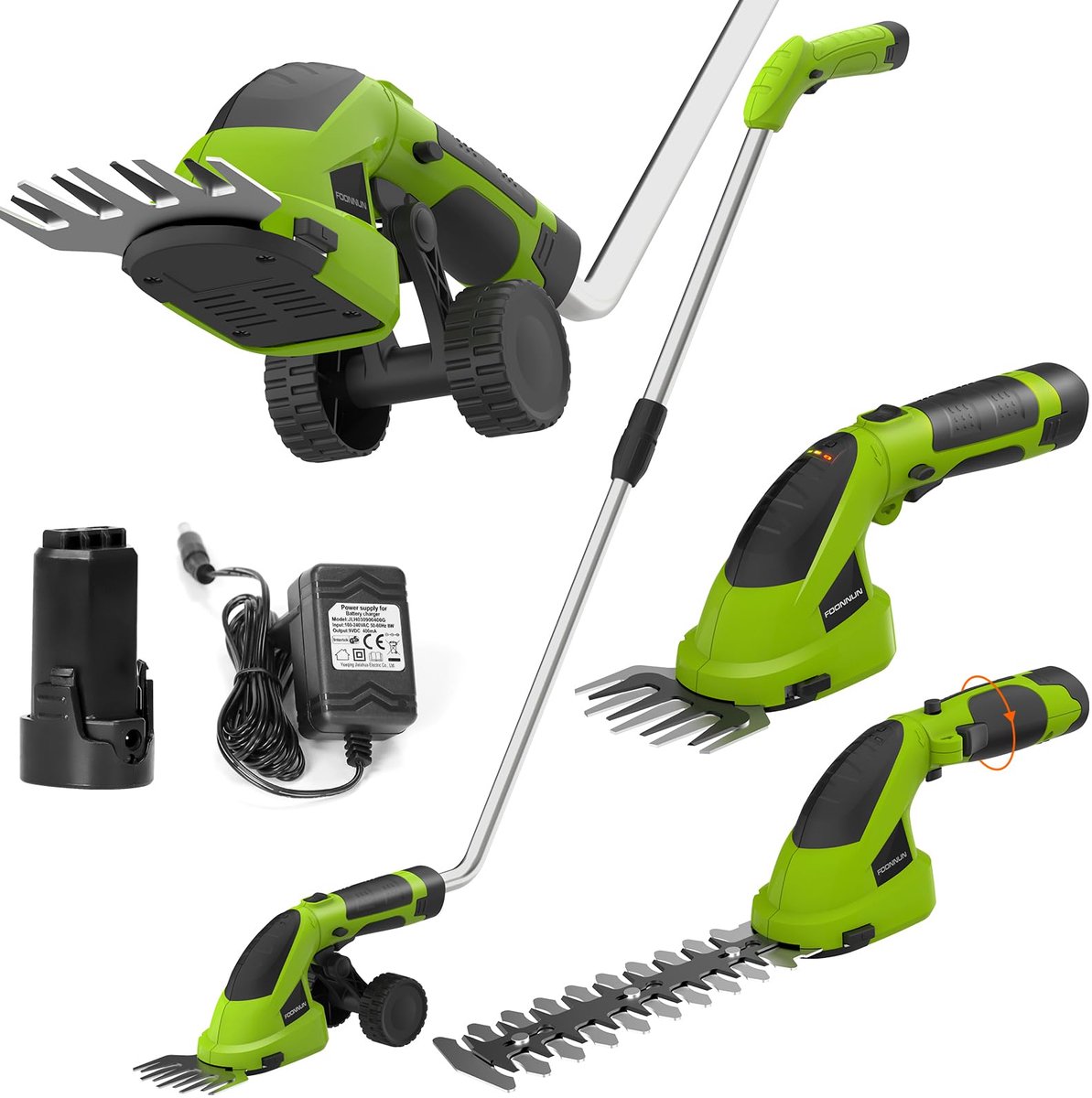 SnelShoppen - 3-in-1 Accu Heggenschaar en Grastrimmer met Wielen, 7,2V Draagbaar, Uitbreidbare Steel, 2000mAh Batterij voor Tuin en Gazononderhoud