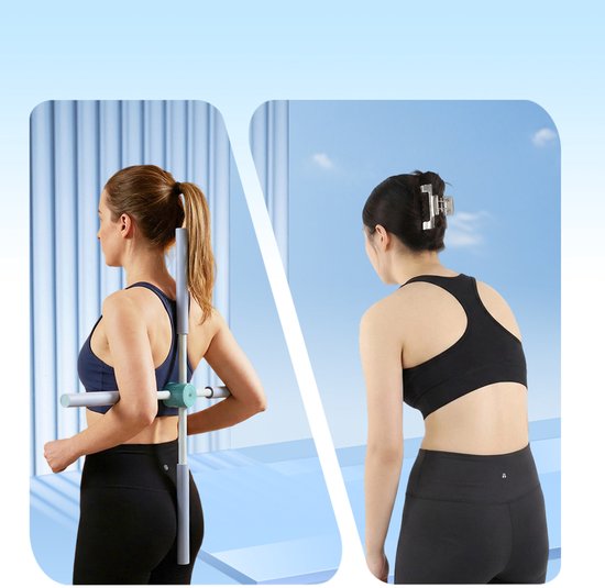 Yogastok voor Houdingscorrectie - 77 cm Yoga stick - Postuur Corrector Stang - Opvouwbaar - Zelfvergrendelend - Hulpmiddel voor Het Stretchen Van de Rug - Voor Thuis en Studio - Blauw — afbeelding 3