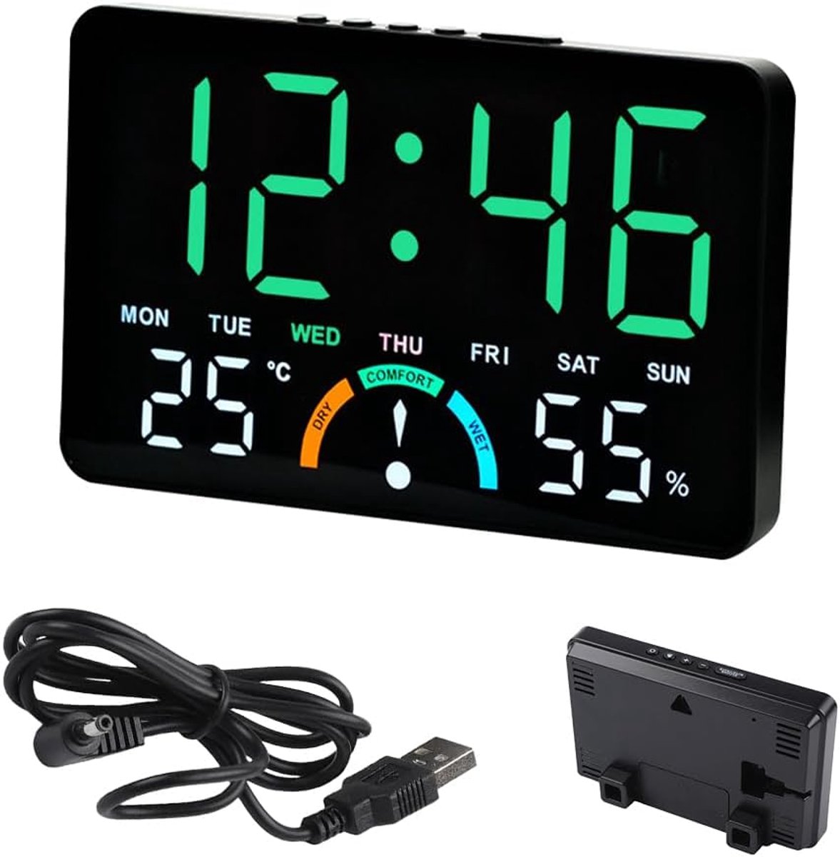 Bobypet - Wekker - Digitale LED-wandklok met alarm, temperatuurweergave, datum, week, helderheidsregeling, gebruiksgemak, 16 x 10 x 3,3 cm, werkt op batterijen, digitale LED-klok voor thuis, slaapkamer (Zwarte behuizing, groen licht)