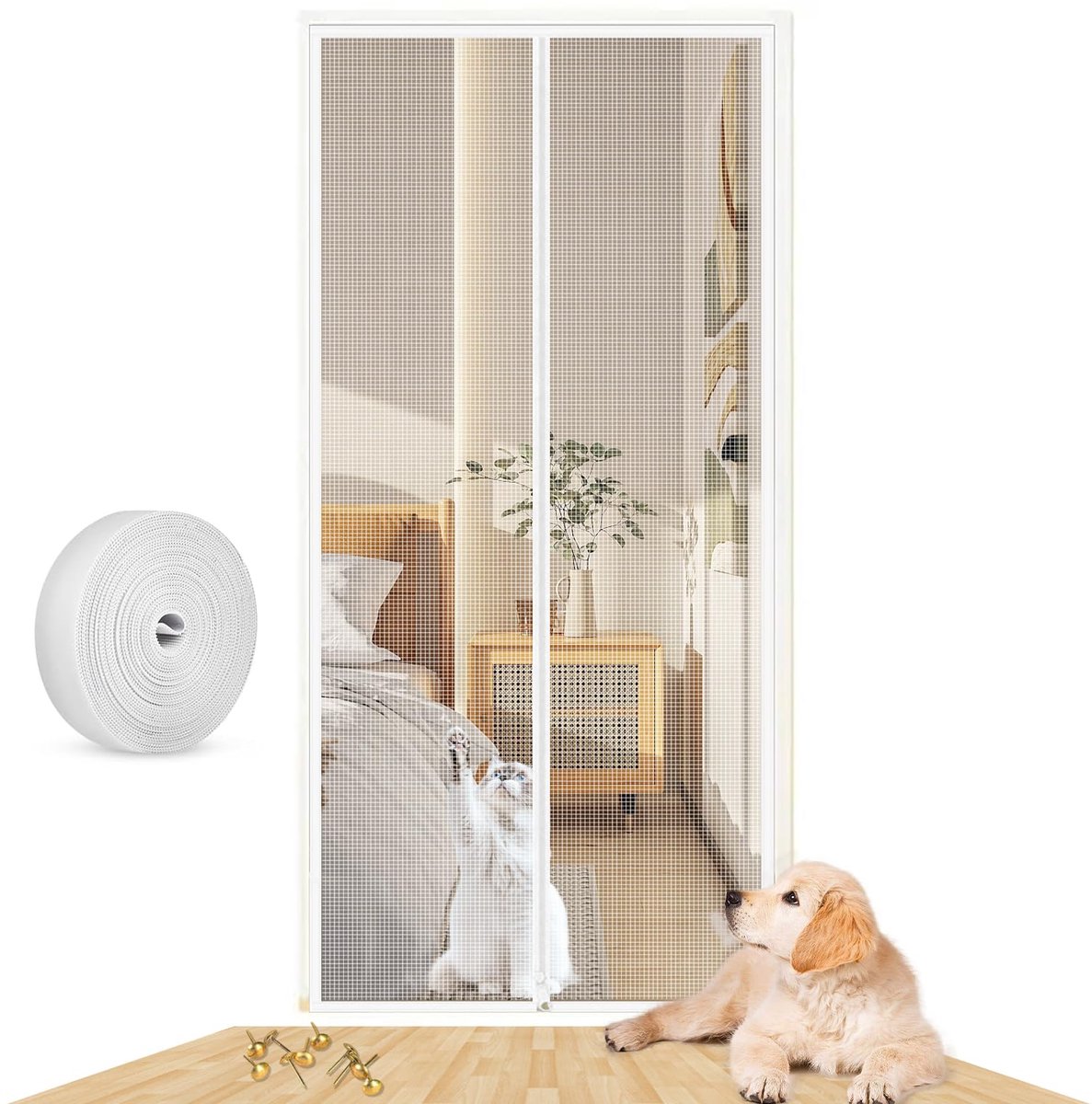 SnelShoppen - Kattendeurscherm 90X210CM - Versterkt Katbestendig Gaasscherm met Rits - Zware Vliegengordijn voor Huisdieren - Voorkomt dat Honden en K