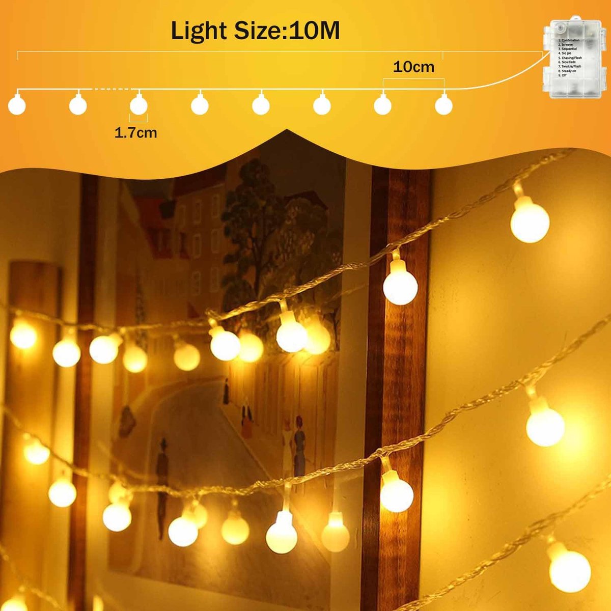 SnelShoppen - Led-lichtsnoer op batterijen 10 m, 100 leds, dimbaar, 8 modi, waterdicht, kogellichtketting voor binnen en buiten, warmwit, ideaal voor