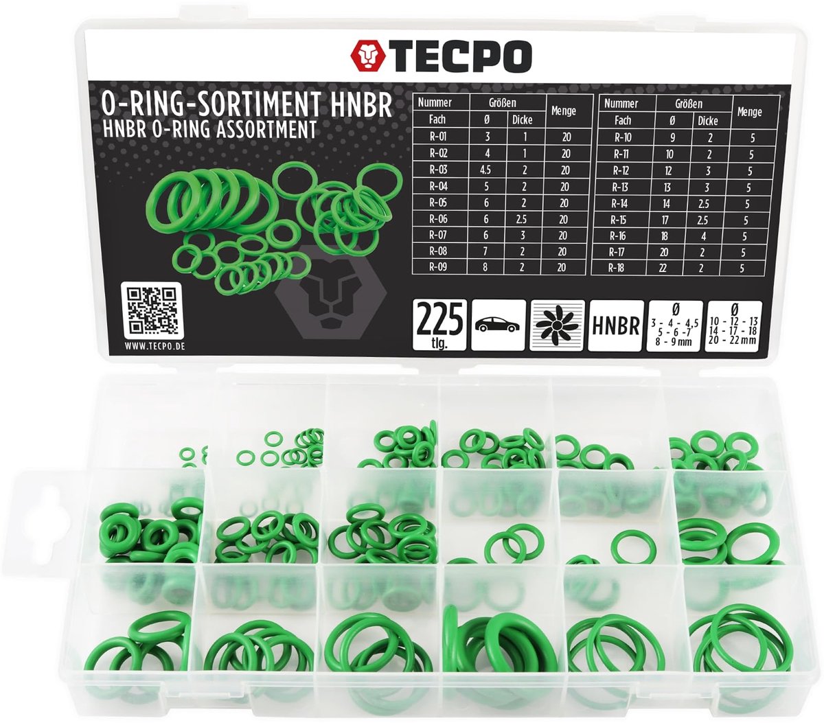 SnelShoppen - 225-delig O-ring assortiment HNBR rubber afdichtringen voor airconditioning, waterdicht, veelzijdig gebruik, duurzame rubberen afdichtin