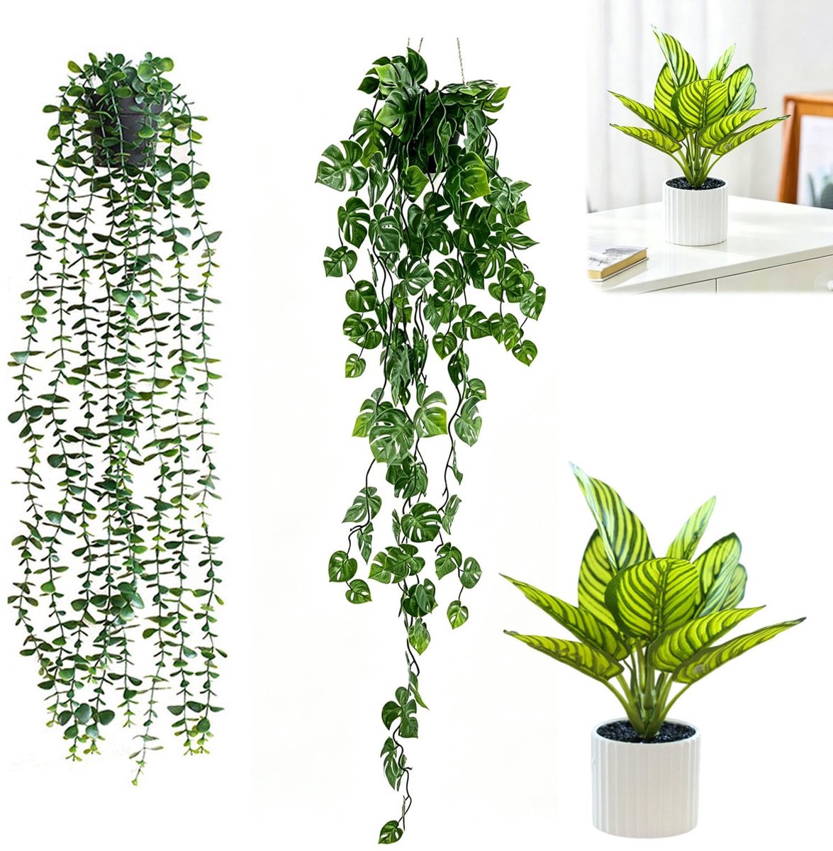SnelShoppen - 3 stuks kunstplanten Monstera & Eucalyptus met pot, hangende kunstplanten (100 cm, 90 cm, 35 cm), decoratieve esthetische planten voor s