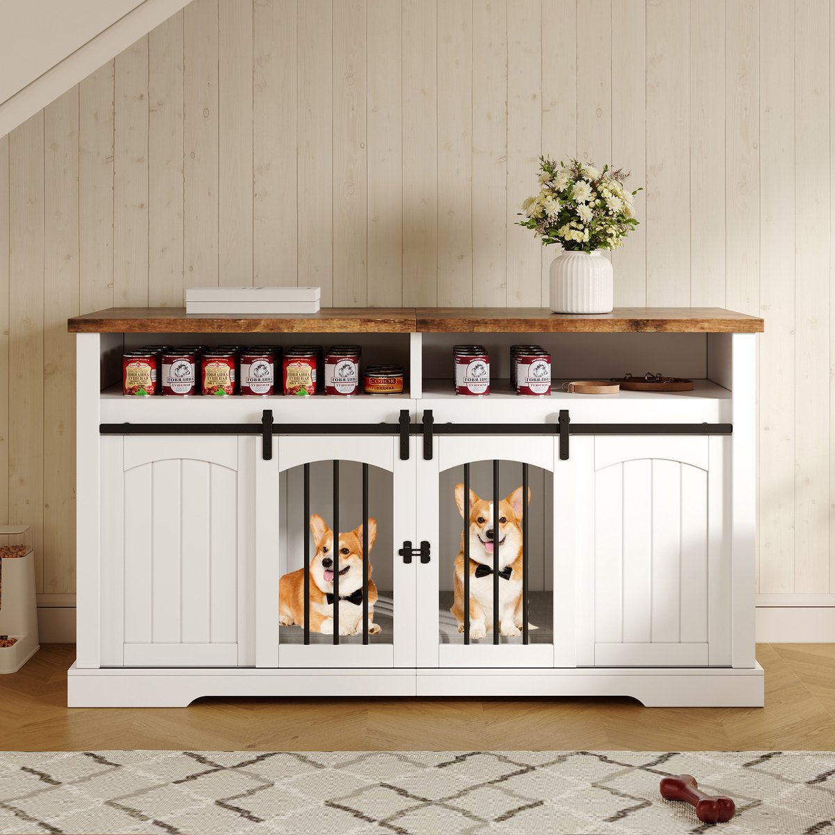 HAUSS SPOLE Hondenbench Meubel - Met Schuifdeur En Vergrendeling - Uitneembare Scheidingswand Voor Binnen - Wit Bruin - 153x60x85 Cm