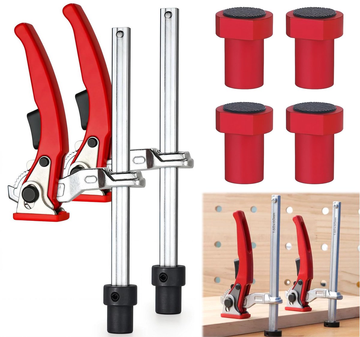 SnelShoppen - 6-delige lage houderset met 2x hefboomklem 20mm & 4x bankhaken van chroom-vanadium-staal, snelspanklem 160x60mm voor houtbewerking, werk